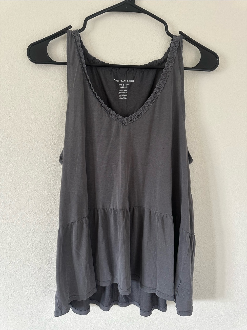 American Eagle Outfitters Dark Gray Peplum Lace-Trim Tank Top